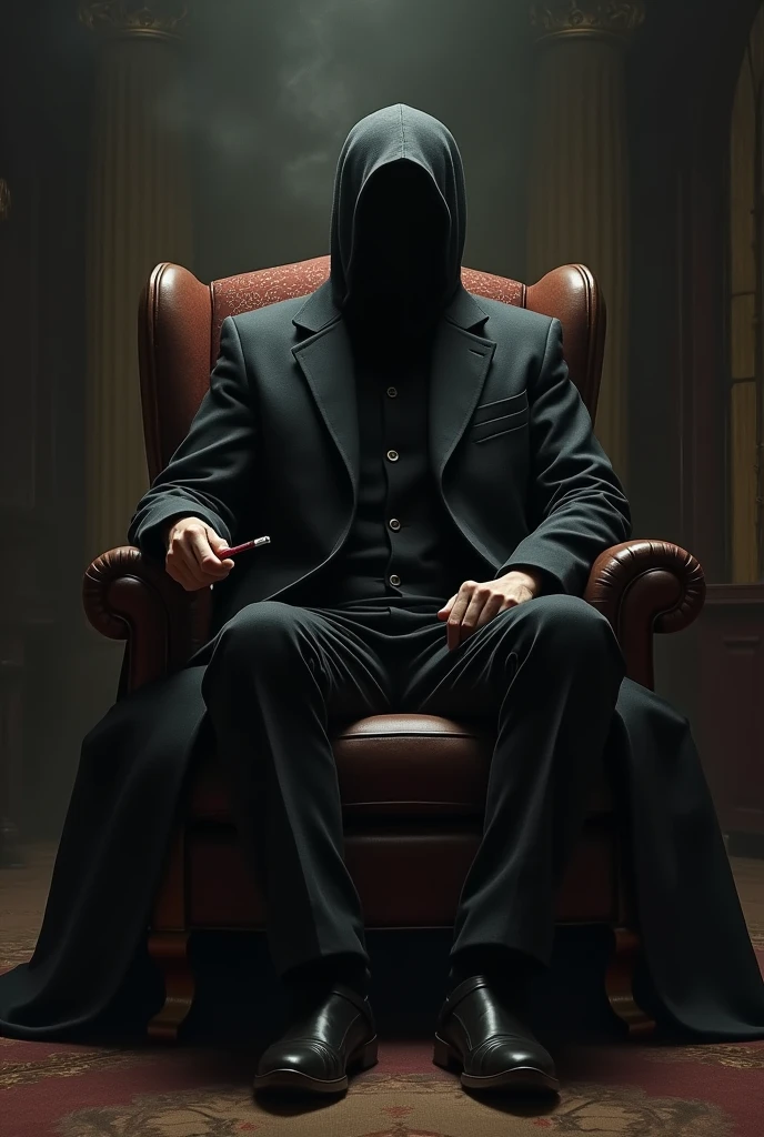 The king was smoking a cigarette sitting on a chair with his face wrapped in a black cloth dressed in a coat.