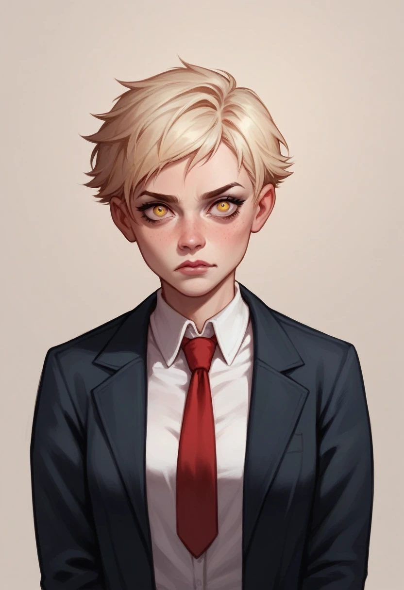 
{4k image}, comics style,young blond woman of 20, with short hair, with yellow eyes, eyes wide open, crazy eyes, serious face,athletic, she wears a black suit jacket, a red tie,her blouse is open, she is embarrassed,8k,Cel shading technique , sketch
