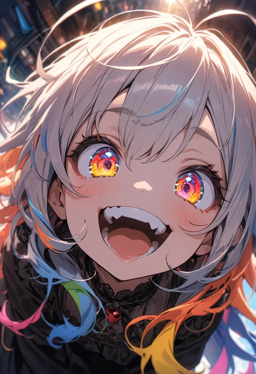 ((Masterpiece)), ((best quality)), (super detail:1.2),(High Definition:1.3), (Professional Photography:1.2), (very aesthetic:1.2), (absurdres:1.2), (fisheye), cinematic lighting, (sharp focus), (perfect light), (()), cute young Girl, fluffy hair, colorful hair, long hair, big eyes, (long eyelashes), ((baggy eyes)), colorful eyes, round eyes, (naughty smile), open mouth, jagged teeth, joy, pop, cute, Colorful, (happy pose), (colorful:1.3), gothic makeup, ((obscurity atmosphere)), (on the Midsummer Cafe Terrace),