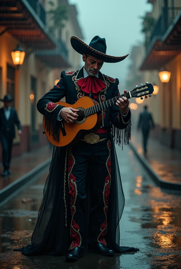 A mariachi dressed in black and red playing the guitar and very sad in the rain