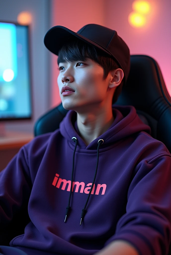 A handsome white Korean man sitting on a gaming chair wearing a dark purple decent hoodie while wearing a black ball cap, with name on hoodie " imman "