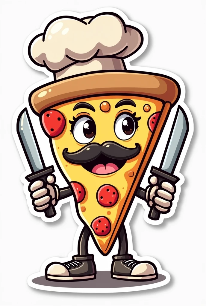 Sticker of a slice of pizza with a mustache and a chef&#39;s hat with feet and hands with chef&#39;s knives What does it say? "BUMPER"
Cool Happy Not tender Not anime
