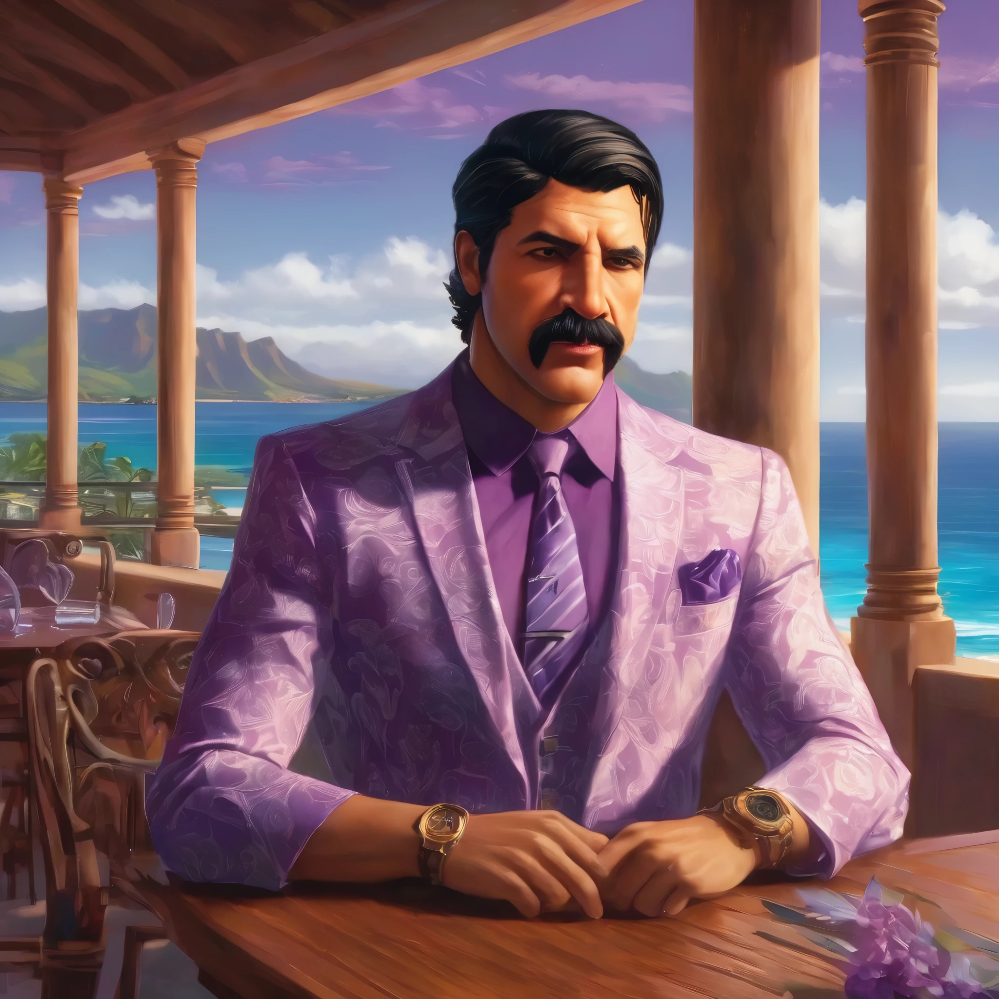 (obra maestra, Mejor calidad:1.2), 1 chico, thenahualli, serious, dangerous man, elegant, elegante, white suit, purple shirt, sit, luxury restaurant, views of the sea in background, big windows, Hawaii, (((realistic, detailed, photorealistic)))