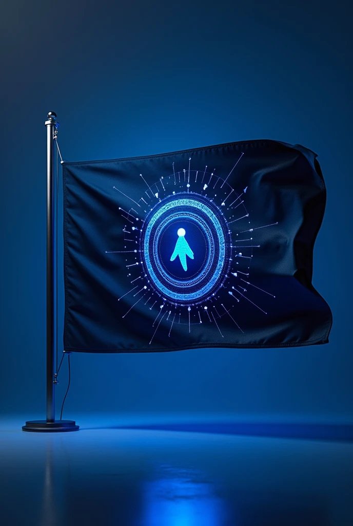 Flag Design Description:
Overall Shape: The flag is rectangular with a 3:2 ratio, providing a balanced and formal appearance.
Primary Colors:
Top Half: Midnight Blue (#003366), representing depth, stability, and professionalism.
Bottom Half: Electric Blue (#00BFFF), symbolizing innovation, energy, and dynamic digital activity.
Borders: The flag features a thin, Metallic Silver (#C0C0C0) border, symbolizing technological precision and modernity.
Central Emblem Placement: The emblem is centrally positioned, ensuring it is the focal point of the flag.
Emblem Design:
Core Symbol:
Digital Network: The emblem features a network of interconnected nodes and lines:
Nodes: Small, glowing spheres in Electric Blue, symbolizing various digital touchpoints. Each node has a gradient effect from light blue at the center to darker blue at the edges.
Connecting Lines: Sleek, silver lines that are slightly translucent, representing data flow and connectivity. Varying line thicknesses indicate different levels of connectivity within the network.
Central Focus:
Cursor Icon: A stylized cursor or arrow icon at the center:
Design: The cursor is in Metallic Silver with a gradient effect, transitioning from dark silver at the base to bright silver at the tip, with a subtle glow around it.
Position: The cursor points towards the top right of the flag, symbolizing direction and progress.
Circular Frame:
Design: The network is enclosed within a smooth, circular frame in Metallic Silver, slightly embossed to create a 3D effect.
Pattern: The frame features a subtle pattern of digital circuits or binary code etched into the surface, highlighting the technological aspect.
Additional Design Elements:
Background Texture:
Grid Pattern: The gradient background includes a subtle digital grid pattern in a darker shade of Blue (#002F5D). The grid features fine lines and small squares, resembling a digital matrix.
Visual Effects:
Lighting Effects: Nodes and the cursor icon have subtle lighting eff
