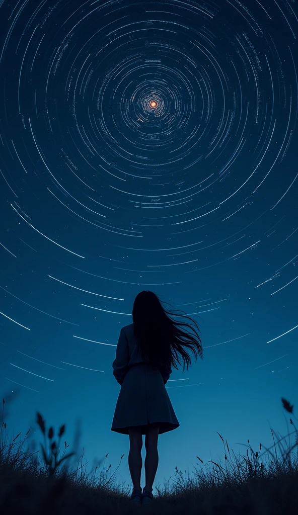 long exposure starry sky with many circular orbits, focus at stars,silhouette of a young woman with long hair with her hands in her coat pockets looking up at it,golden ratio