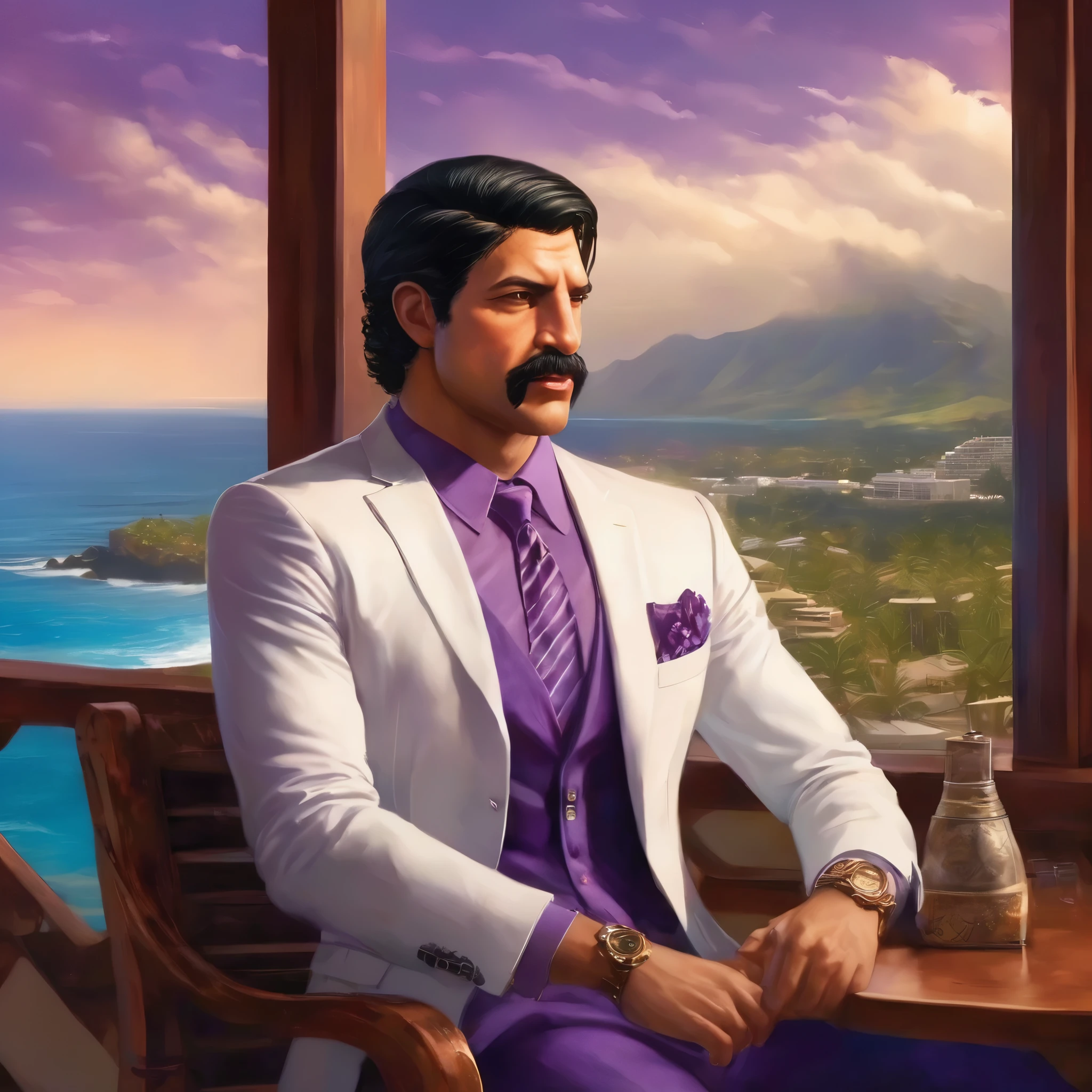 (obra maestra, Mejor calidad:1.2), 1 chico, thenahualli, serious, dangerous man, elegant, elegante, white suit, purple shirt, sit, luxury restaurant, views of the sea in background, big windows, Hawaii, (((realistic, detailed, photorealistic)))