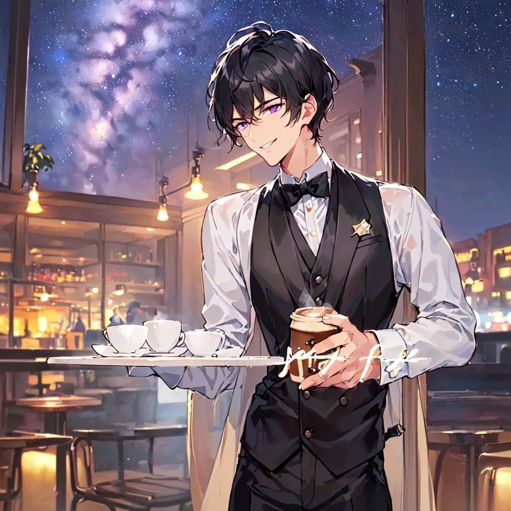 masterpiece,best quality,high quality,(1 male austere handsome solo adult age 30 years old:1.5), purple eyes, cool with suspended eyes, V-shaped eyebrows, body strong and fearless 8.5 head tall, height 185cm, (well-groomed black short hair:1.4), (bangs in three (hair parted in three parts:1.4), slender nose, facial muscles, throat, (coffee cafe costume black tie black pants:1.3), (serving:1.3), (stylish pose), (cool smile:1.3), (upper body:1.3),(background coffee cafe:1.3) , (Milky Way Night Sky:1.3)
