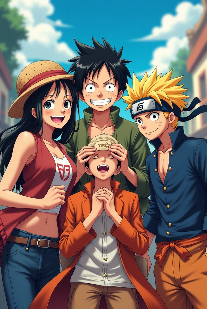 Create an image of Luffy and Zoro and Sanji and Naruto and Goku being friends