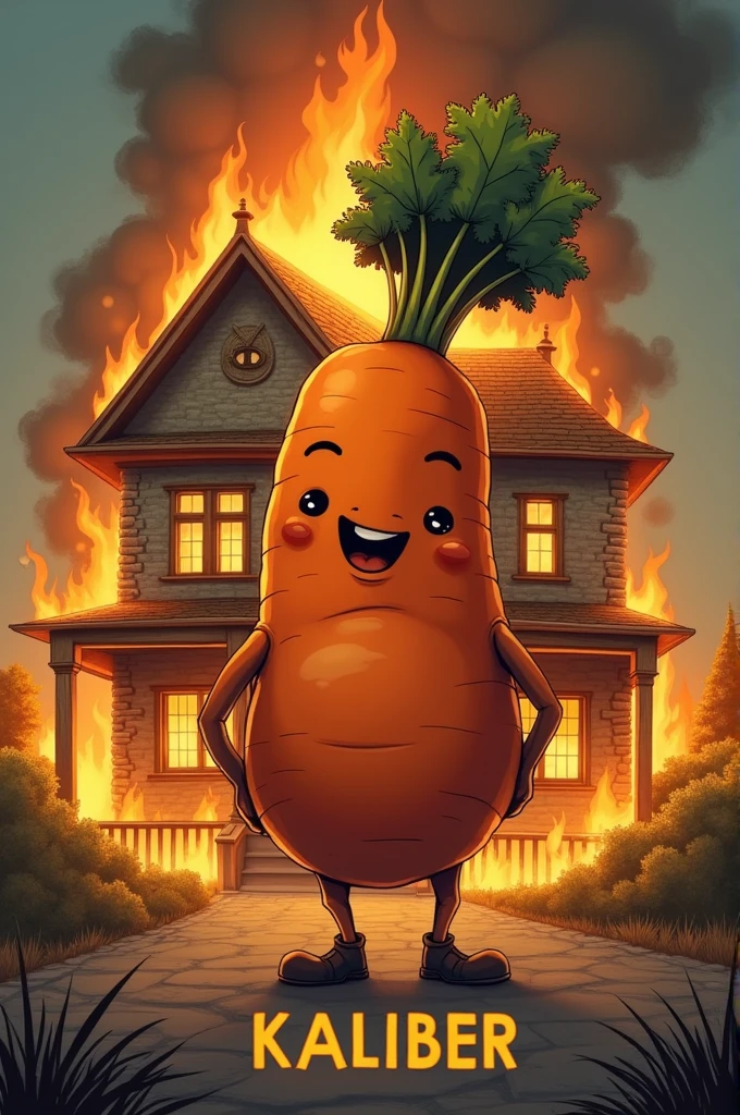 Fat  carrot boy, standing in front of a burning orphanage, with the word kaliber under it 