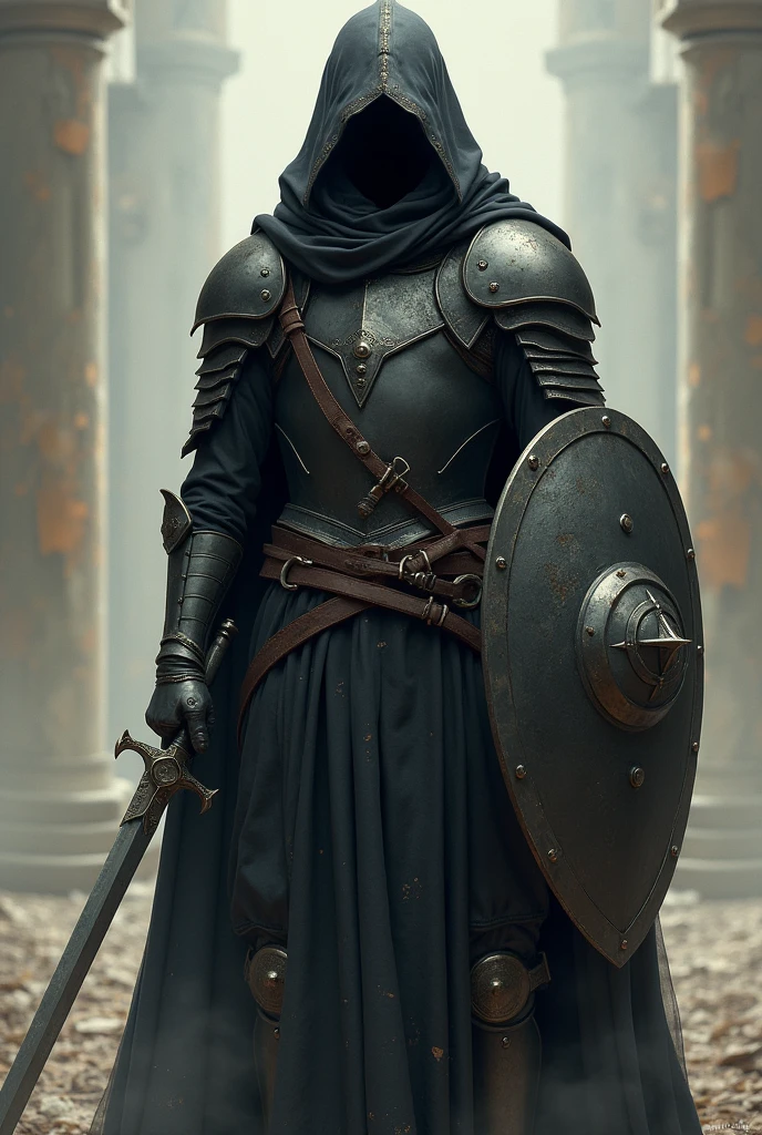 Young Dark Paladin, thin and slender with a saber in one hand and a small shield in the other, wearing an old, dark armor breastplate and a dark overcoat showing a bit of his face