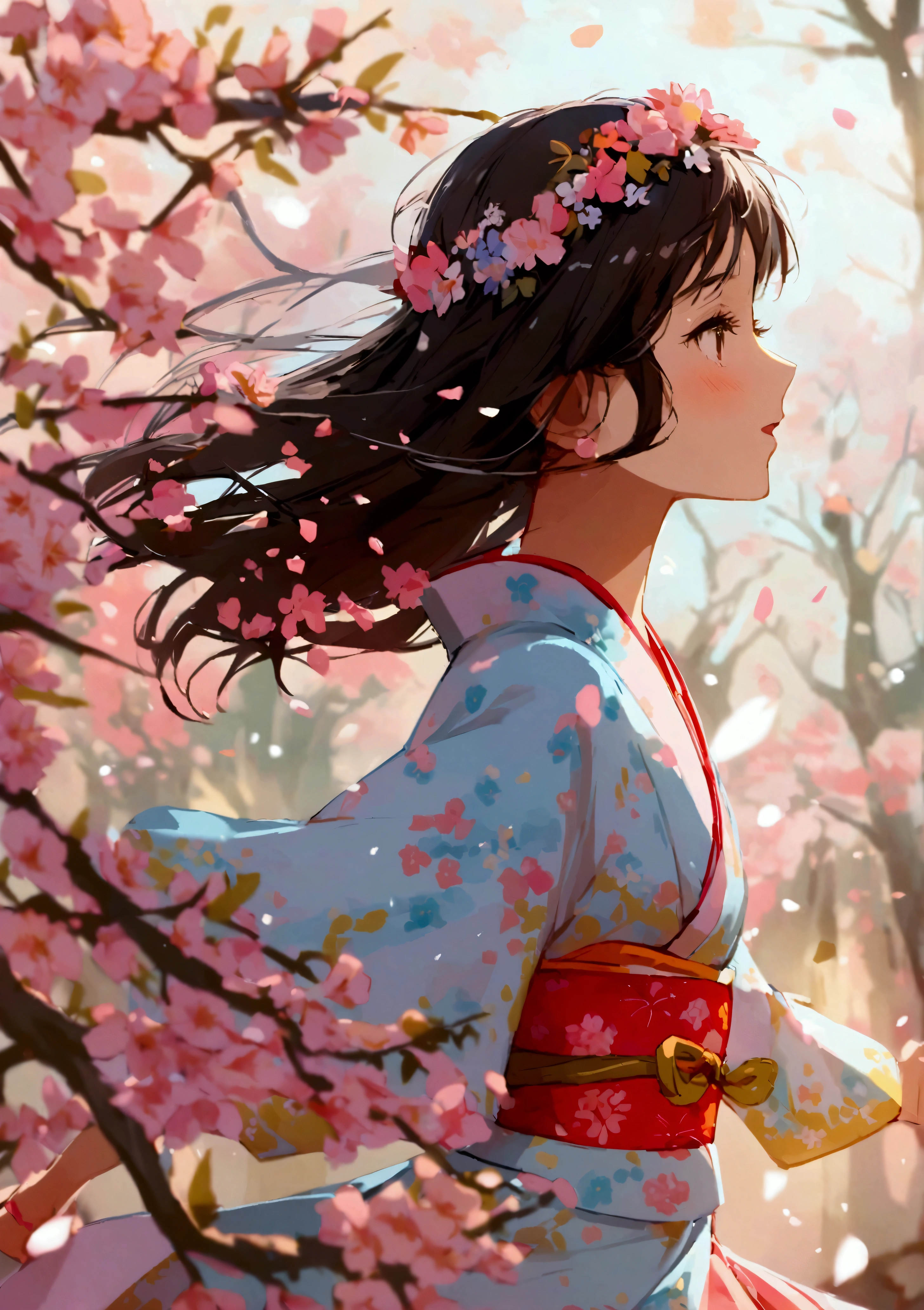 Create an animation of spring time in japan, the tree should be blooming pink and are a woman is running