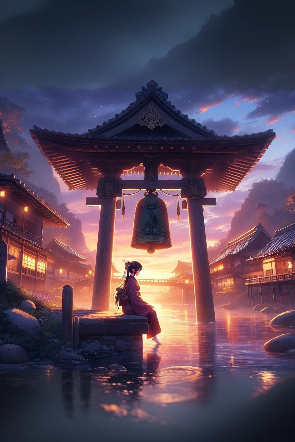 In front of the bell、Anime sitting on a bench, Japanese art style, Anime Style 4k, Beautiful peaceful scene in anime, Beautiful anime scene, 4k anime wallpaper, Anime Background art, anime art wallpaper 4k, anime art wallpaper 4k, anime wallpaper 4k, anime wallpaper 4k, Anime Background, Makoto Shinkai Cyril Rolland