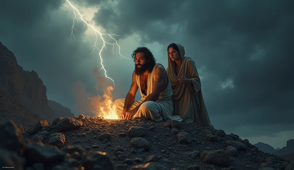 "A powerful and realistic scene that captures the dramatic moment of the Bible's Job narrative. En el centro de la imagen, Job is depicted sitting on a pile of ashes, with expressions of pain and determination on his face. He has visible wounds, symbolizing their suffering, but her eyes reflect a deep faith and resilience. Next to you, sua esposa, with an expression of despair and frustration, gestures emotionally, suggesting that he curse God. The scenery in the background is desolate, with dark clouds and lightning, representing the turbulence of their situation. The soft light that illuminates Job contrasts with the darkness, symbolizing the hope and faith he holds, even in the most challenging circumstances. This dramatic scene will illustrate the pivotal moment in the story of Job for a YouTube video."