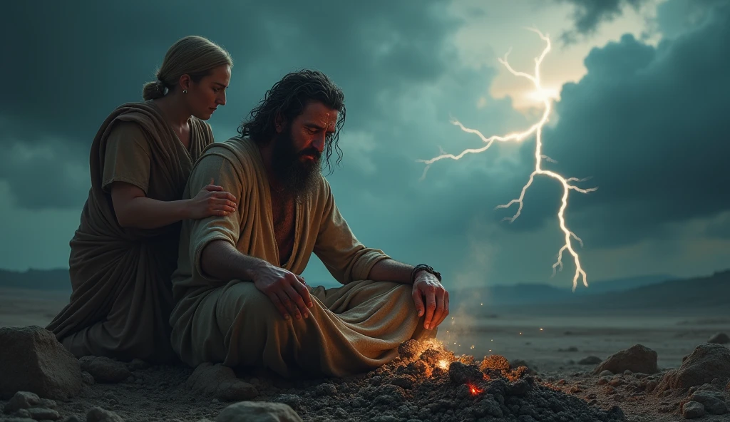 "A powerful and realistic scene that captures the dramatic moment of the Bible&#39;s Job narrative. En el centro de la imagen, Job is depicted sitting on a pile of ashes, with expressions of pain and determination on his face. He has visible wounds, symbolizing their suffering, but her eyes reflect a deep faith and resilience. Next to you, sua esposa, with an expression of despair and frustration, gestures emotionally, suggesting that he curse God. The scenery in the background is desolate, with dark clouds and lightning, representing the turbulence of their situation. The soft light that illuminates Job contrasts with the darkness, symbolizing the hope and faith he holds, even in the most challenging circumstances. This dramatic scene will illustrate the pivotal moment in the story of Job for a YouTube video."
