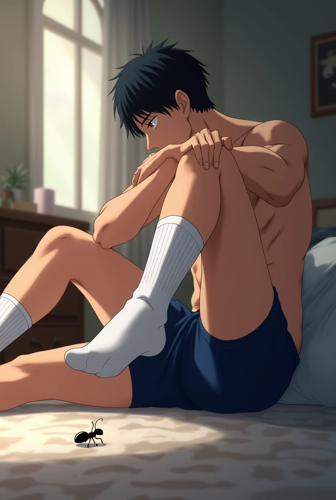 kageyama tobio from the anime Haikyu wearing nothing but his navy blue underwear and white socks sitting on his bedroom on his bed with his foot raised showing the sole of his socked foot showing it to our face as I lay on the floor shrunken to the size of an ant waiting to be stomped on.