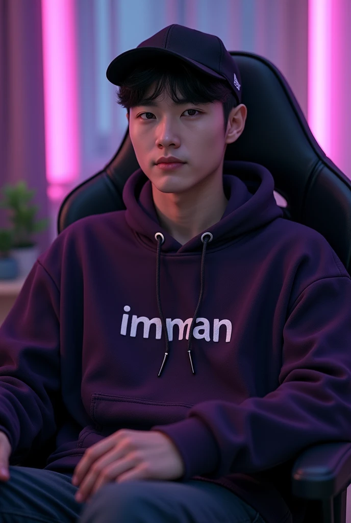 A handsome white Korean man sitting on a gaming chair wearing a dark purple decent hoodie while wearing a black ball cap, with name on hoodie " imman "