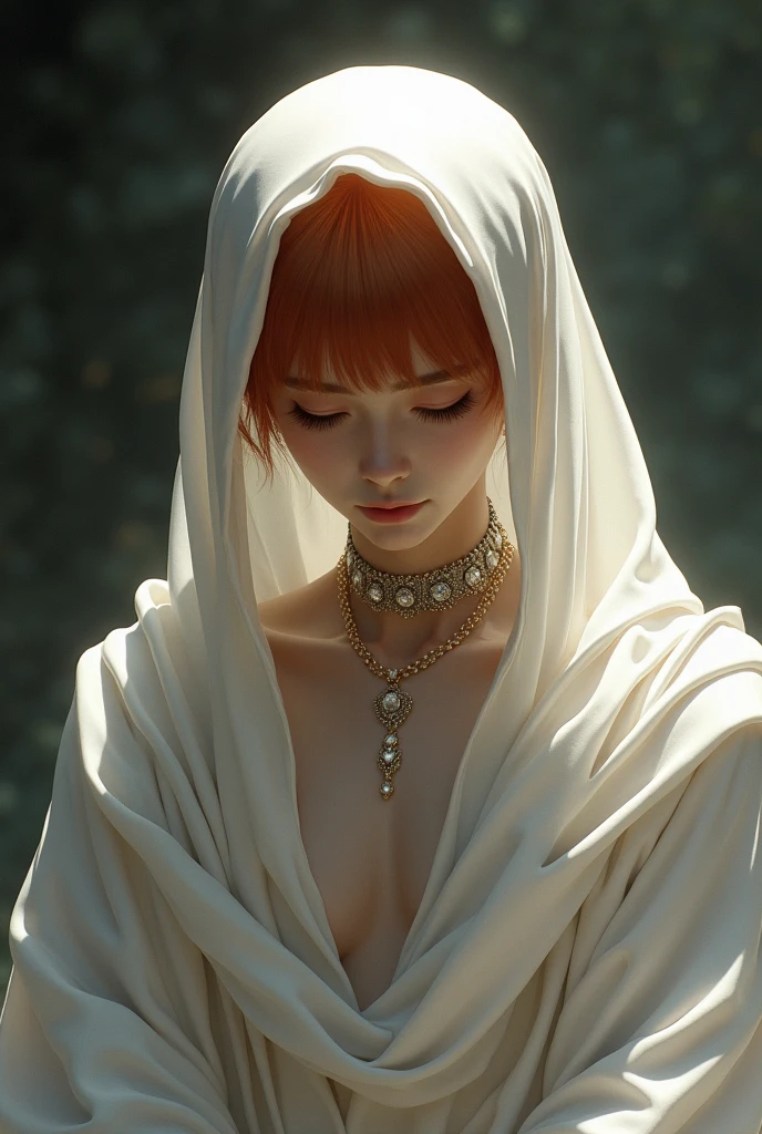 in his internal scream, Yeonjun looks down at the ground with regret, while his thin and slender body is dressed in fine and elegant silk fabrics. jewels surround her neck and a boanco veil covers her face. Her deep orange hair can be seen under the fabric. He is a young man. Beauty angelical. Is man. 
