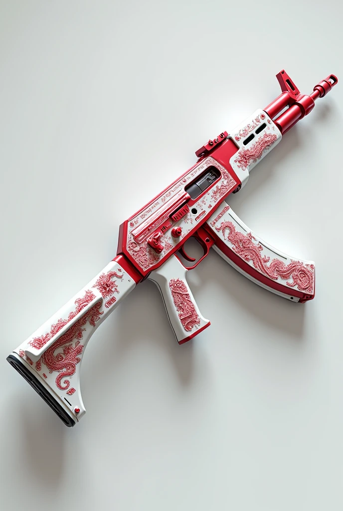 Create an image of an AK47 in white with red details, make it more realistic and add dragon details to the weapon. 