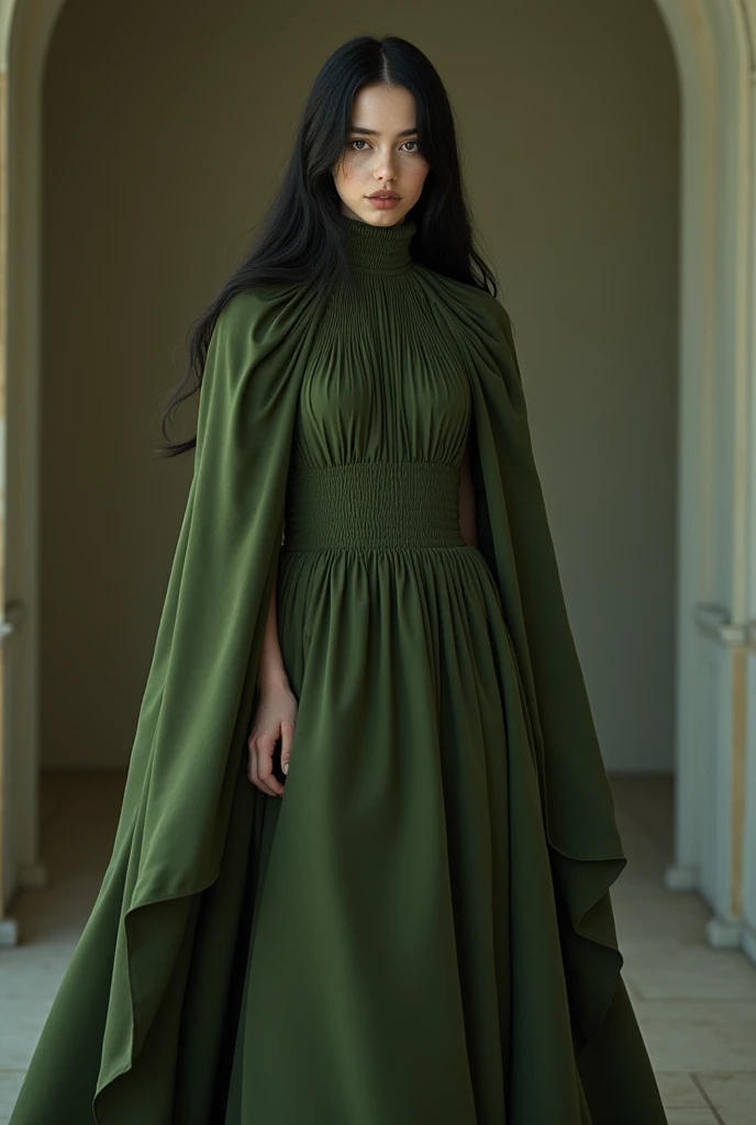 make Billie Eilish wearing an olive-green collar neck gown