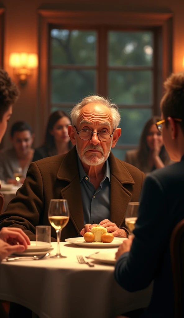 People in a restaurant looking to an old man in disgust while dinning, pixar style, cinematic, masterpiece, high-aesthetic, portrait