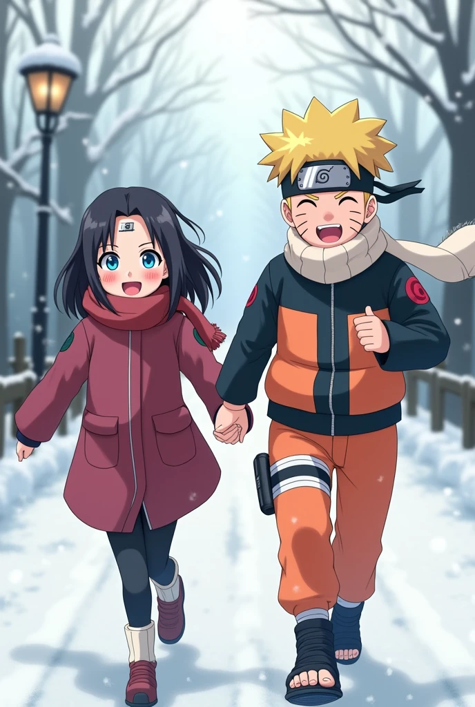 hyuuga_hinata, 1girl, uzumaki_naruto, 1boy, blonde_hair, scarf, running, whisker_markings, lamppost, black_hair, outdoors, forehead_protector, photo_background, open_mouth, smile, tree, jacket, facial_mark, goggles, holding_hands, blush, snowing, goggles_on_head, short_hair, long_sleeves, snow, pants, winter
