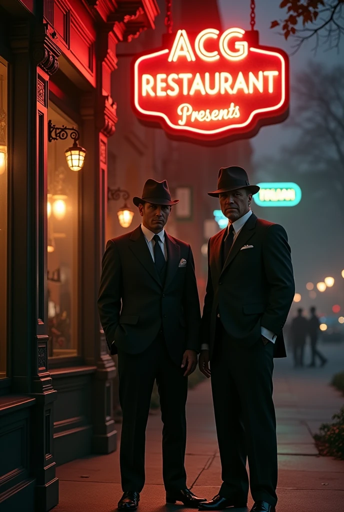 Two 1920s gangsters standing outside an italian restaurant. Restaurant sign says "ACG PRESENTS"