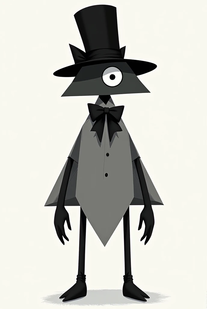 One-eyed triangle with black hands and feet wearing a black hat and a black bow 