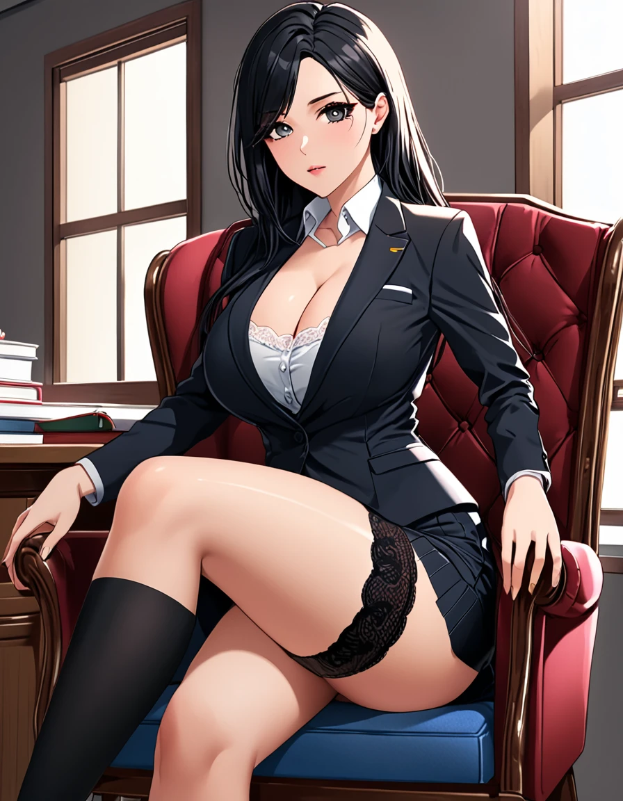 Highest quality、1 female 30-year-old、female teacher、Black Hair、Long Hair、Dark Eyes、Big Breasts、Black suit、Parted bangs、Pencil Skirt、garter belt、Knee-high socks、Cleavage、clavicle、Expressionless、Sit on a chair、Crossing your legs、