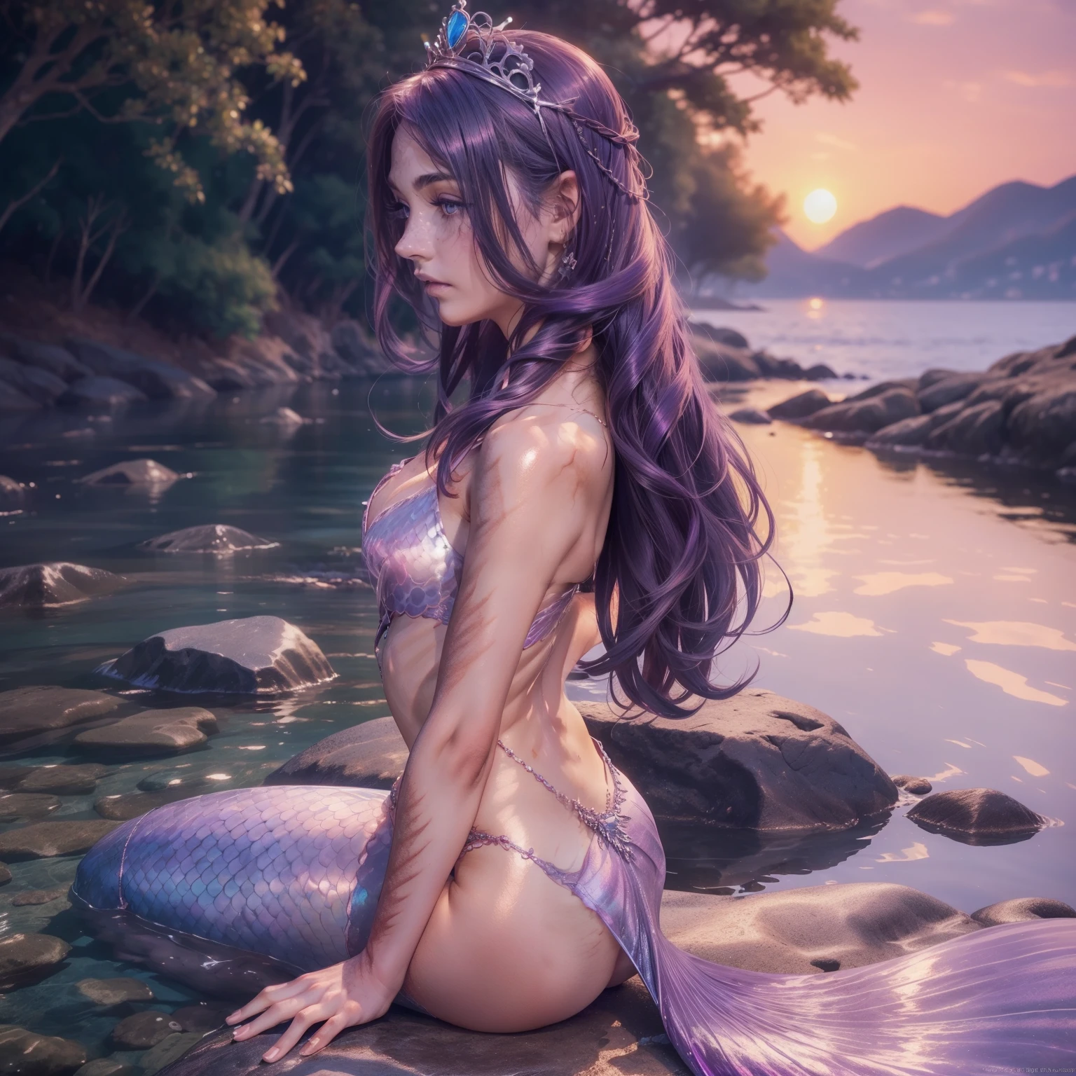 glamorous fantasy, fashion photo, perfect girl, 1 girl with messy purple hair, skinny, mermaid girl sitting on rock near sea, mermaid body and tail with shiny scales, pure eyes, makeup, details, higly detailed, Fashion Magazine, sunset, rim light, cinematic lighting, (burn scar on the right side of the face:1.3), (burn scar on the right side of the body:1.3), (clear left side of the body:1.2), hair over right eye, ((disheveled hair)), stands half-turned, no underwear, full height, abs, fit girl, (great proportion:1.2), (mediuml breast:1.2), 8k, tiara, necklace, face