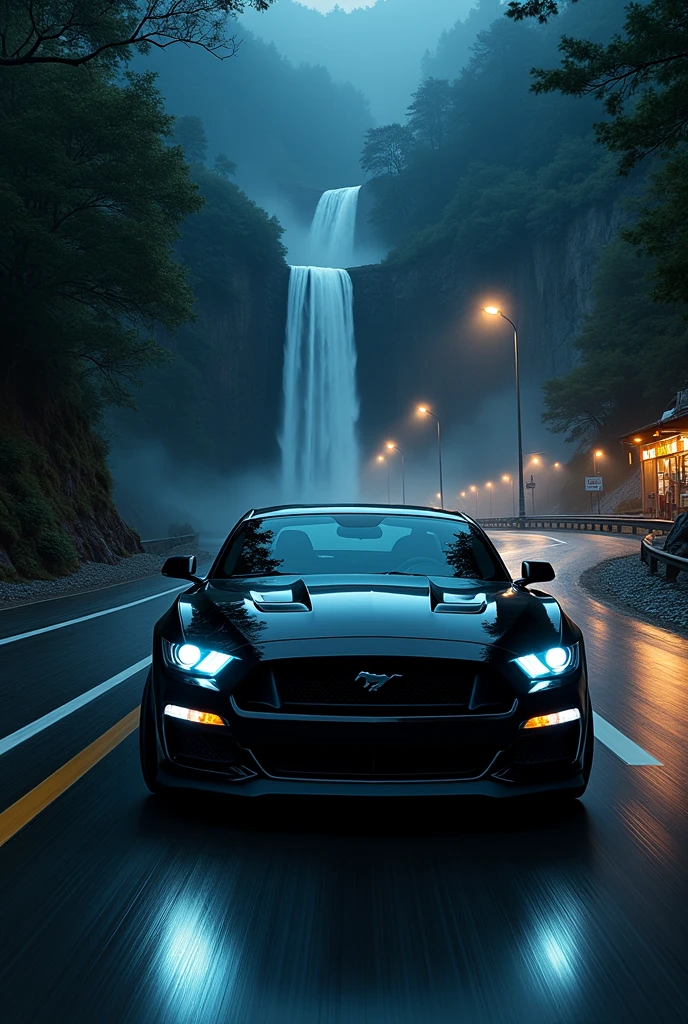 Dark Mustang in dark night with water fall in highway with tree and shops
