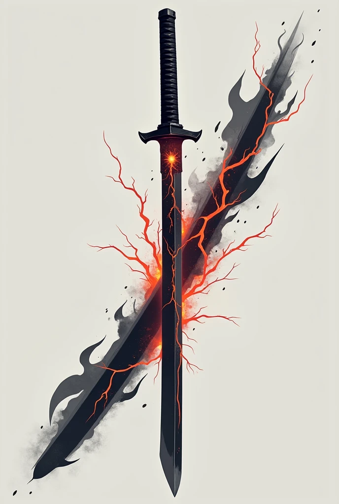 create a black katana that has a same 2d graphics of ninja saga plain background with horizontal position with black flames on blade and add some cracks on blade and add lightning