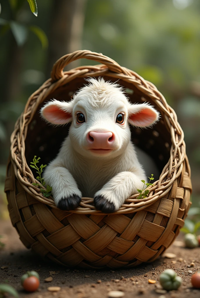 A cow inside a woven basket with a guadua or bamboo bottom