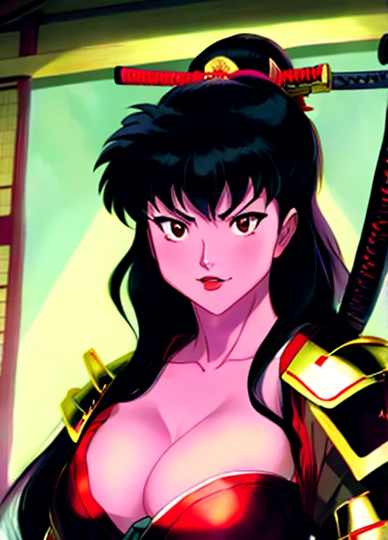 masterpiece, best quality, 1girl, Kagome Higurashi, Kagome Higurashi as a Samurai Geisha, long black hair, brown eyes, 2, Japanese mature female, matured face, big breasts, cleavage, she's looking directly at the camera with a (fierce, dangerous, seductive) gaze. She stands tall while donning the formidable gold and red armour plated traditional armor of a samurai. Holding traditional samurai katana sword. Her gaze is both alluring and fierce, as she holds the sword with a delicate yet deadly grip.
