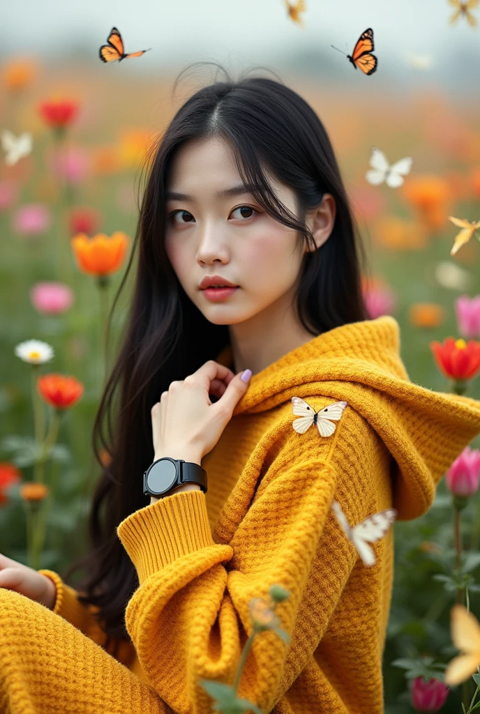 Beautiful Korean girl, smooth white skin, well-groomed face, long straight black hair, posing in a very lush and beautiful flower field, lots of butterflies flying around, shiny gold yellow knitted hoodie, decorated with butterfly motifs, cool watch, original photo