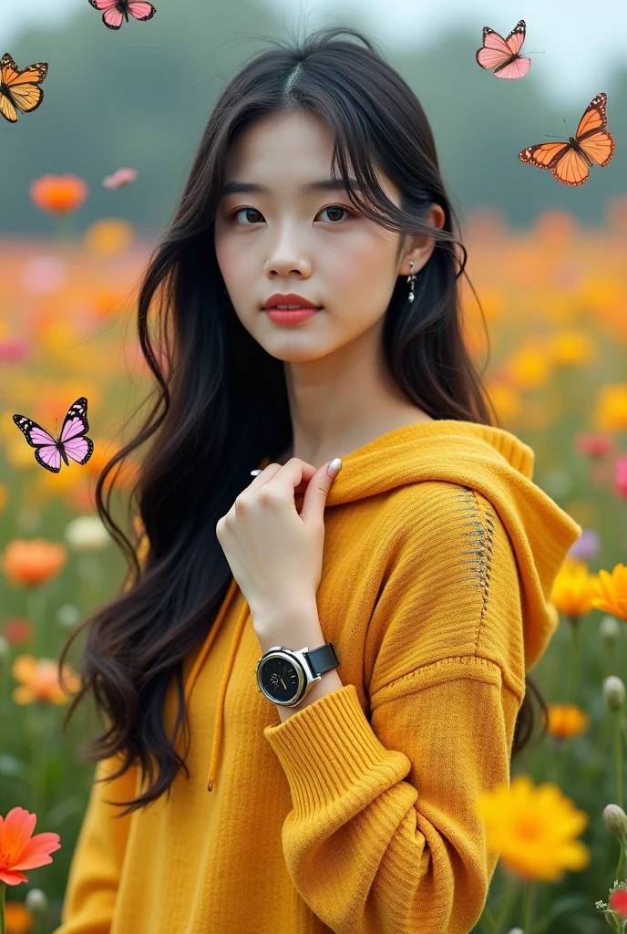 Beautiful Korean girl, smooth white skin, well-groomed face, long straight black hair, posing in a very lush and beautiful flower field, lots of butterflies flying around, shiny gold yellow knitted hoodie, decorated with butterfly motifs, cool watch, original photo