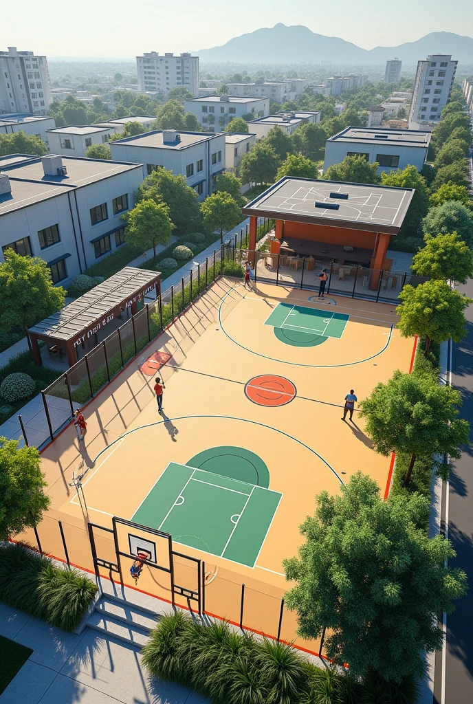 architectural plan of an outdoor sports center with 3x3 basketball court, neighborhood gym without outdoor coverage, arena with fixed bars and simple equipment for exercise with body weight calisthenics, beach volleyball court and reading space





