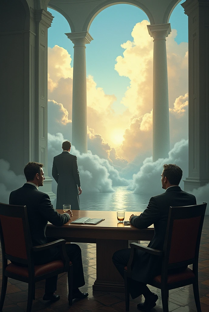 A series of legal proceedings. There is a defense attorney, the accused, un avocat de la partie civile et un juge. The Seine passes through paradise among the clouds