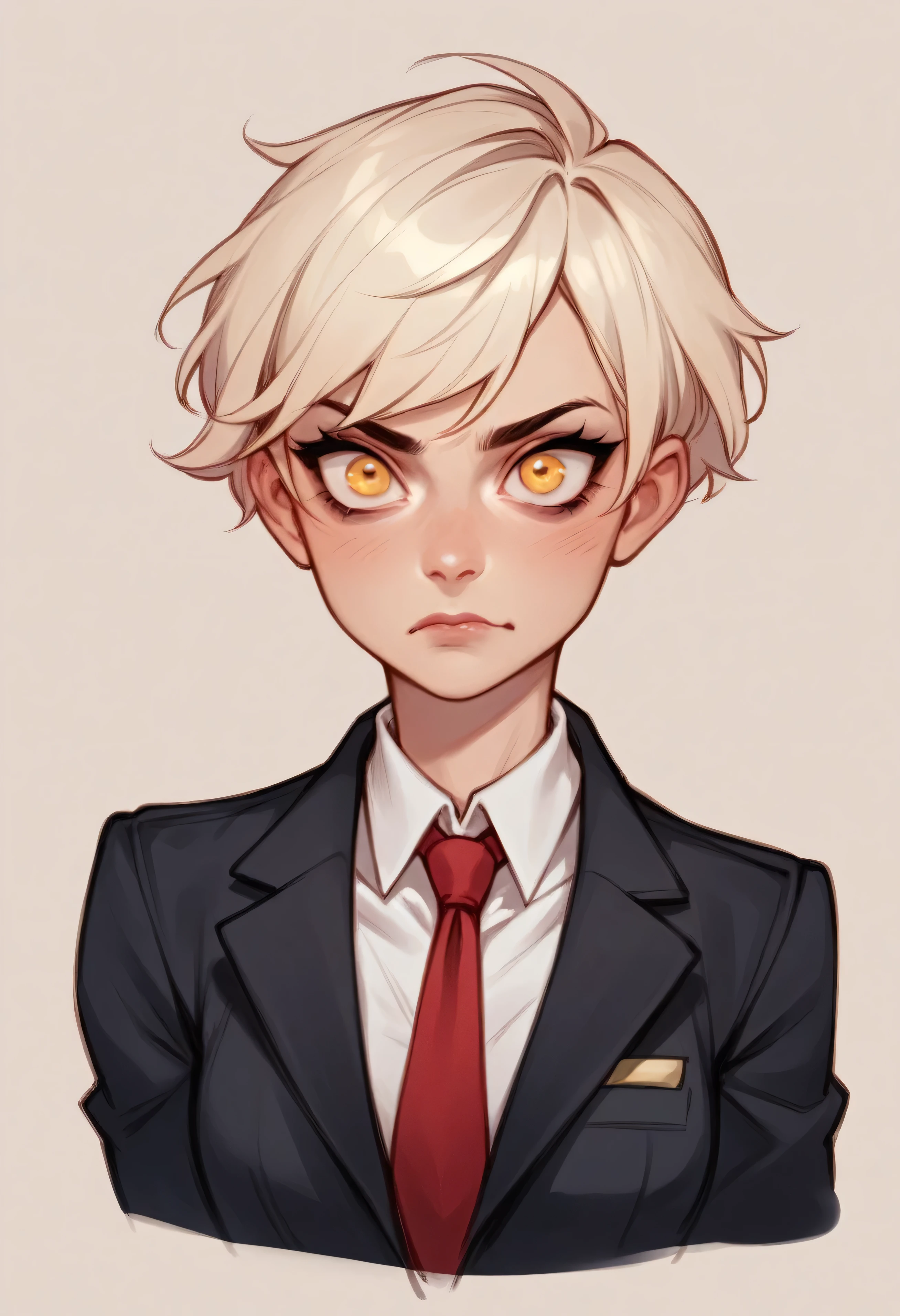 
{4k image}, comics style,young blond woman of 20, with short hair, with yellow eyes, eyes wide open, crazy eyes, serious face,athletic, she wears a black suit jacket, a red tie,her blouse is open, she is embarrassed,8k,Cel shading technique , sketch
