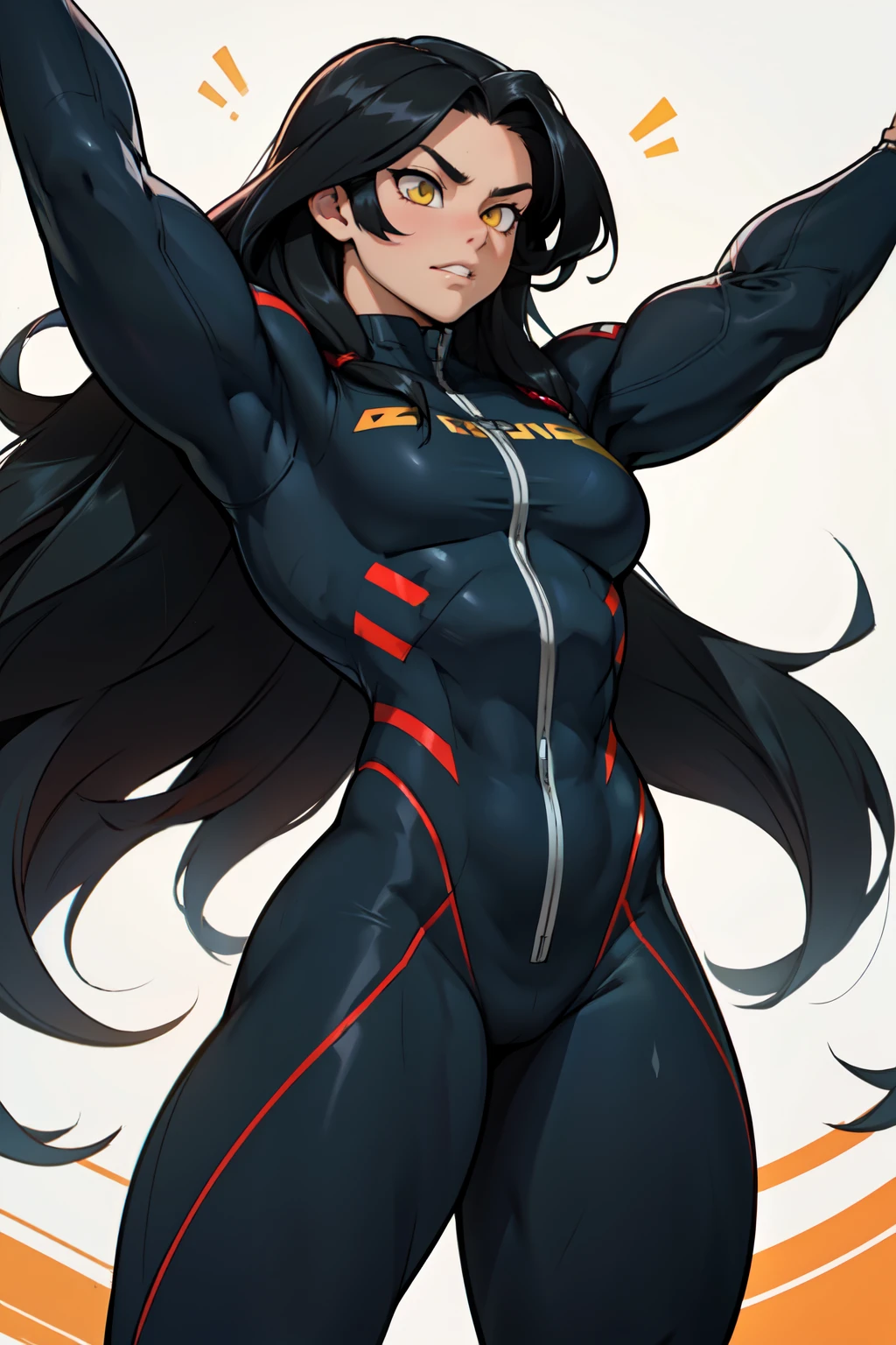 ((((muscular 1girl)))) ((((thick toned body breasts)))) black hair yellow eyes very long hair sad skinsuit