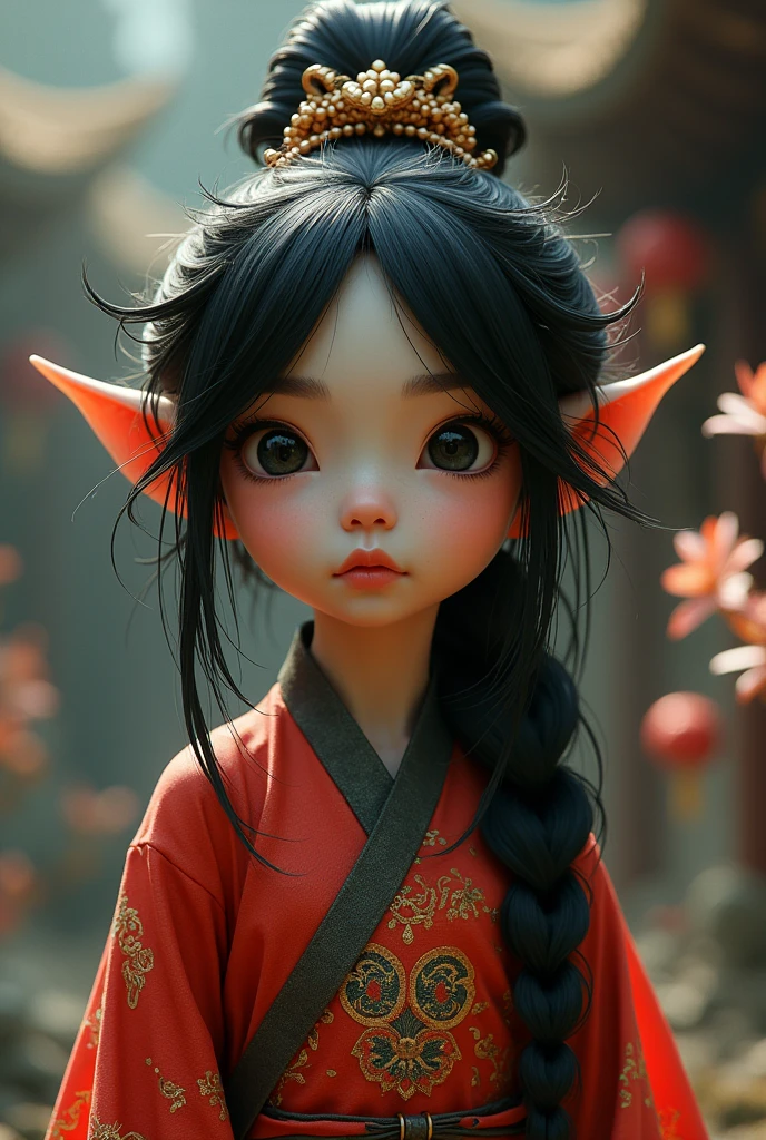 Gelfling asiatique, au cheveux noir. Dans une tenue fantastique stylé chinois dans le style de la série dark crystal de netflix