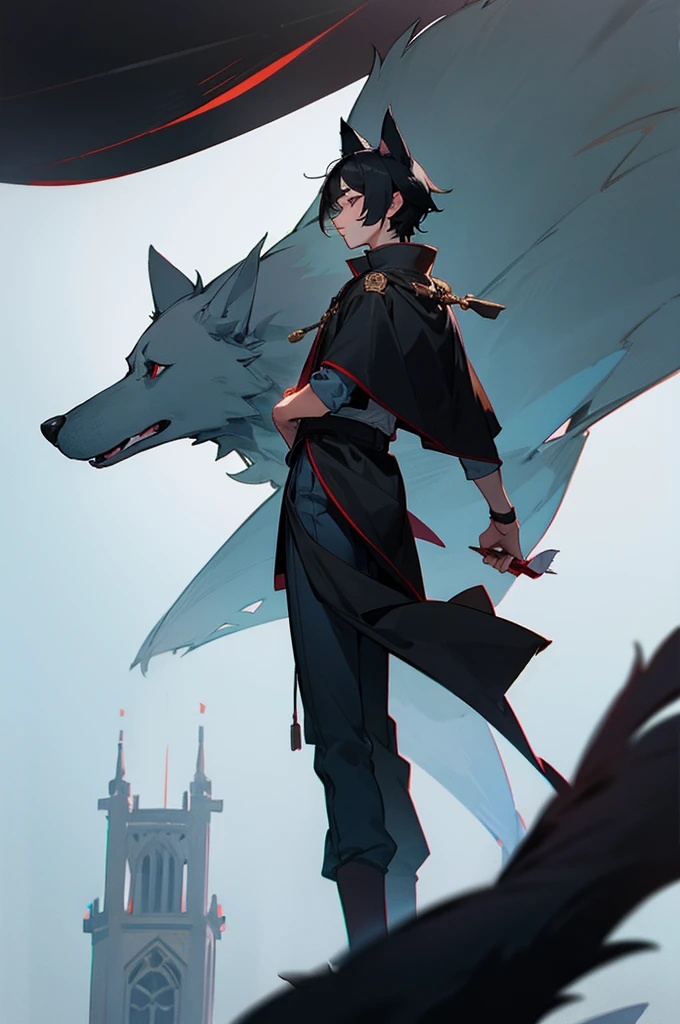 Male, Young adult, Black Hair, Tower Background, Dog tail