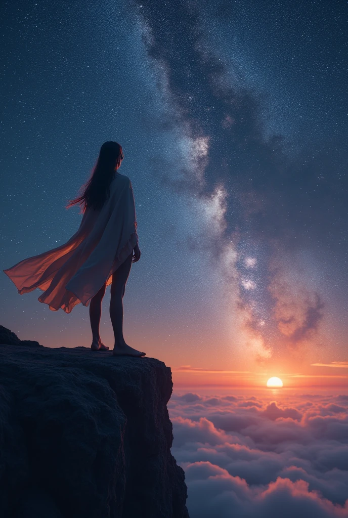High Resolution Universe、Milky Way、On the Cliff、Traveler gazing at the night sky、Clothes fluttering in the wind、Sea of stars、Black silhouette from directly behind、Twilight Traveler,Outfit of a traveler from another world,Place your right foot on the rock,close-up