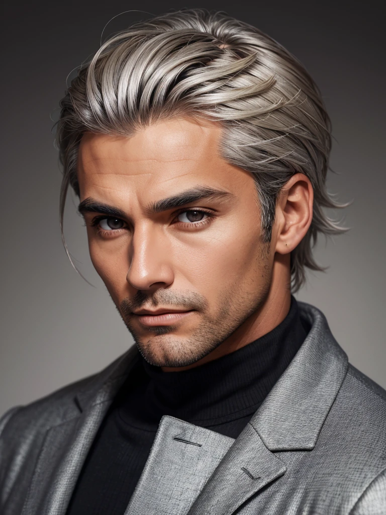 (best quality), 1boy, mature man, tanned skin, silver hair, medium hair, hair loosely combed back, brown eyes, perfect eyes, muscular, handsome, cold expression, black turtleneck, coat jacket, clean shaven face, masterpiece, anatomically correct, highres
