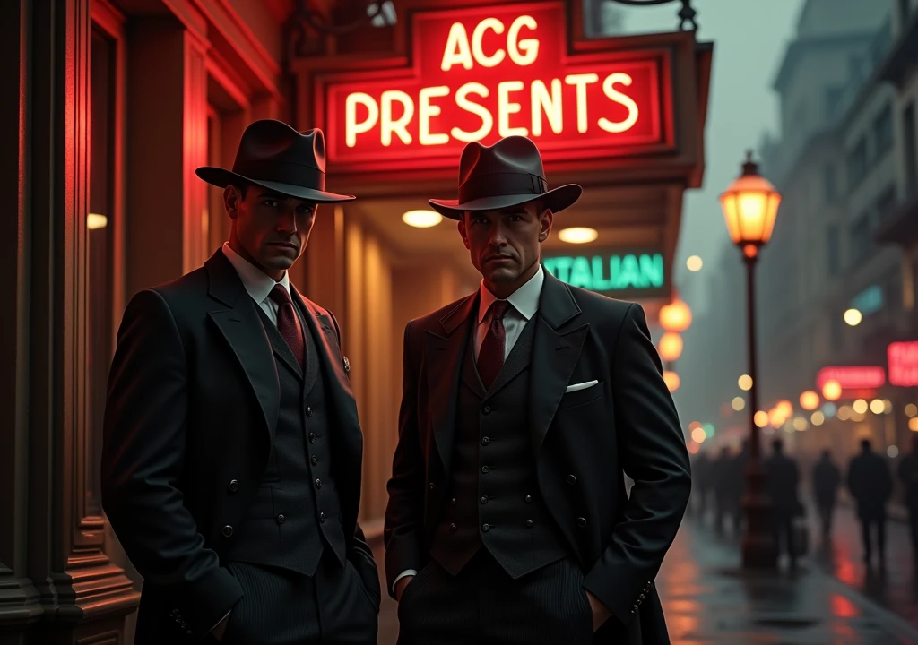 Two 1920s gangsters standing outside an italian restaurant. Restaurant sign says "ACG PRESENTS" 