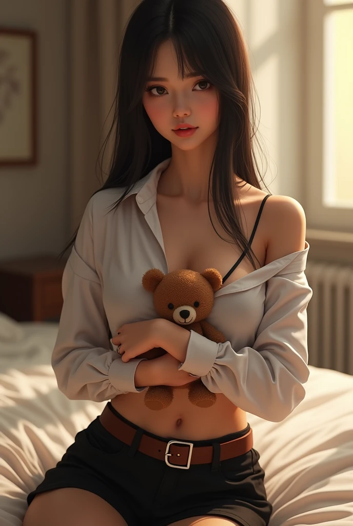 1 woman, double eye lids, cat eyes, thick eyebrow, prominent nose, thin lips, oval shape face, Thai university uniform, black tight slit mini skirt, slim and perfect figure, medium breasts, emphasize on breasts and hip and bottoms and thigh and abs, white plain tight cap-sleeve open all buttons shirt for woman, unbuckle brown suede belt, silver plate belt buckle, black long straight messy hair, beautiful face, dynamic compositions, slender, hyper-realistic, hug brown teddy between breasts, medium breasts, in the bedroom, shaft head tilt, sleepy face, open mouth a little, suffer of pain face expression, close eyes, upper body shot, light from window, shadow from window on her face, warm tone, face detailed, high detailed, ray trace, white highlight