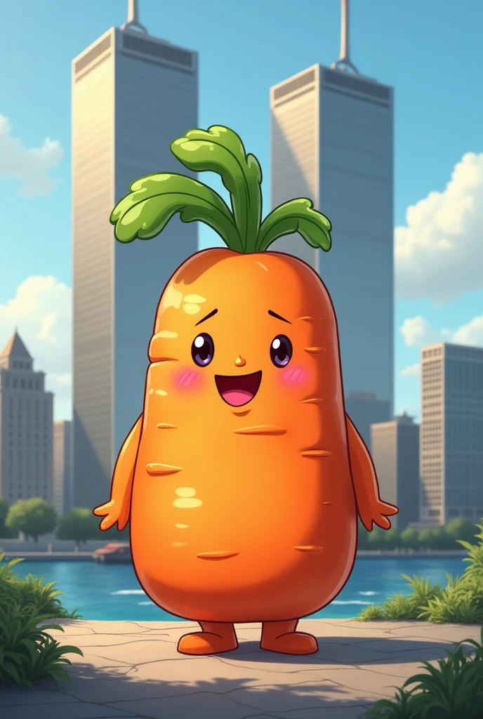 Happy little obese carrot boy, standing in front of 9/11