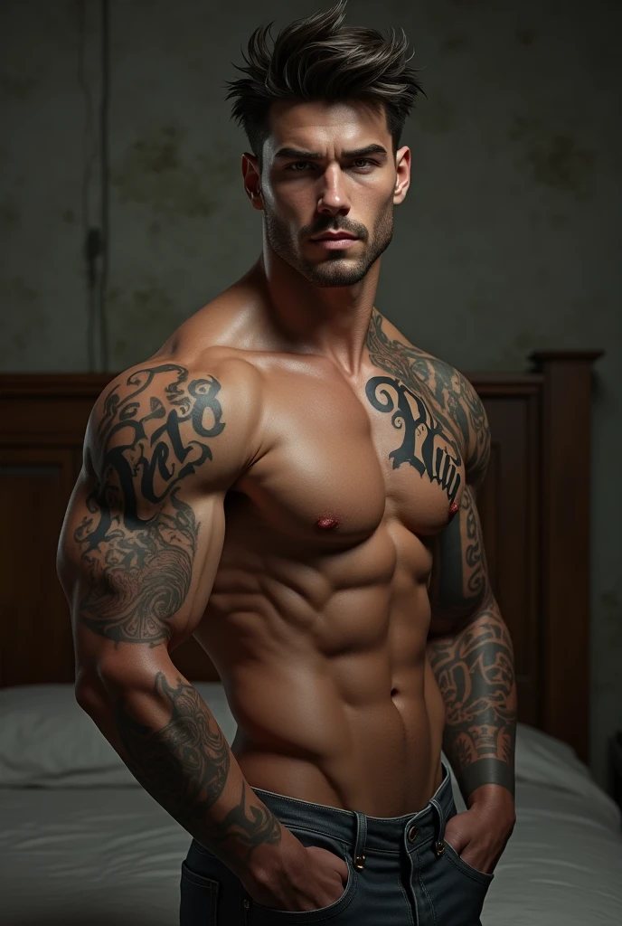 Young muscular male character design with tatto name “ruy” AI realistic background bedroom