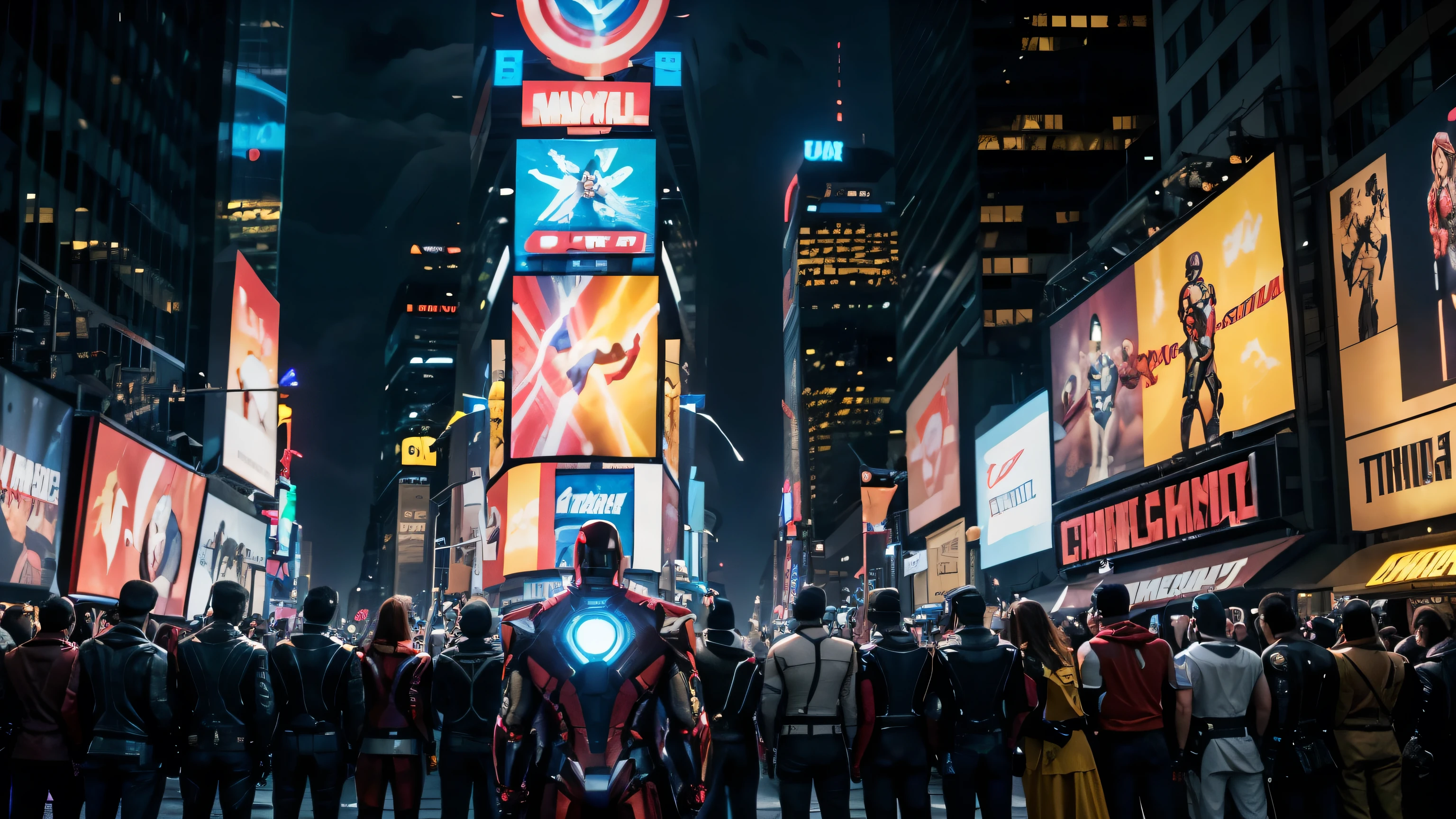 A group of Marvel superhero characters, including Iron Man, Captain America, Thor, and others, standing in Times Square saluting and looking intently at a large screen, high-quality 8k, realistic, cinematic lighting, dynamic action pose, urban city environment, neon lights, photorealistic, masterpiece