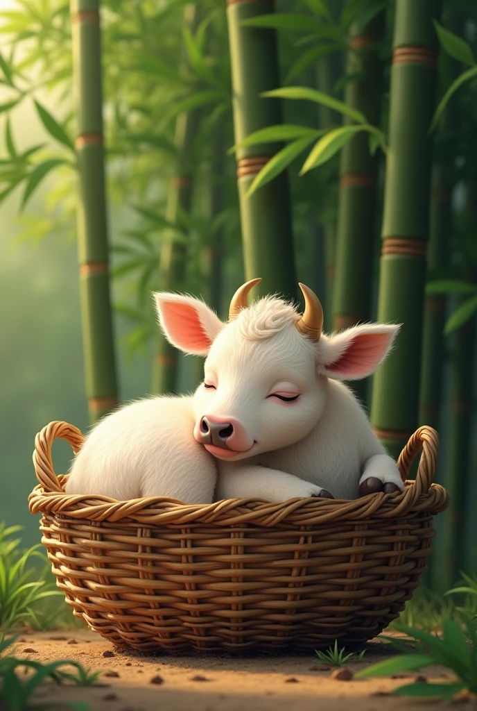 A cow inside a woven basket, In the background you can see bamboos