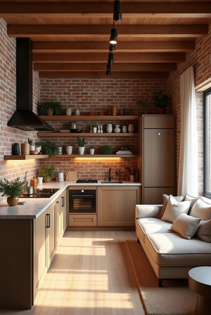 I would like to create a kitchen if the color of the facade is brick and in that same space is the living room, the total space is 3 by 4 meters 
